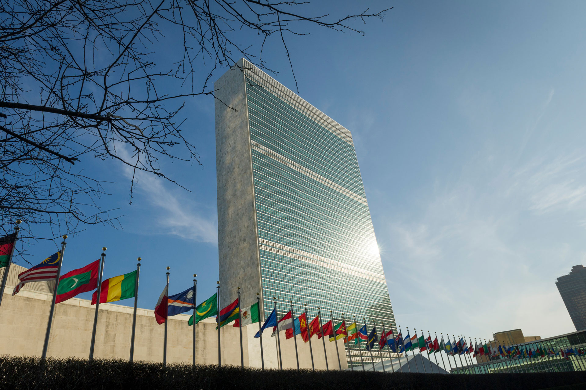 <p><sub>A view of the Secretariat Building, with Members States’ flags flying in the foreground, at United Nations headquarters in New York.</sub></p> <p><sub>A view of the Secretariat Building, with Members States’ flags flying in the foreground, at United Nations headquarters in New York.</sub></p>