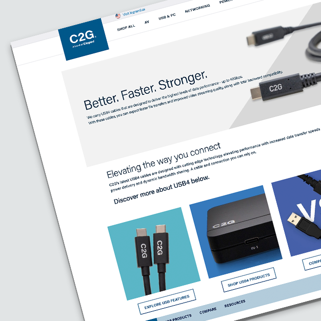 USB4 technology landing page highlighting available cables, docking stations, and comparison to other USB iterations